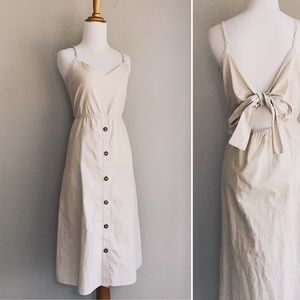 Beige Button Front Tie Back Linen Dress